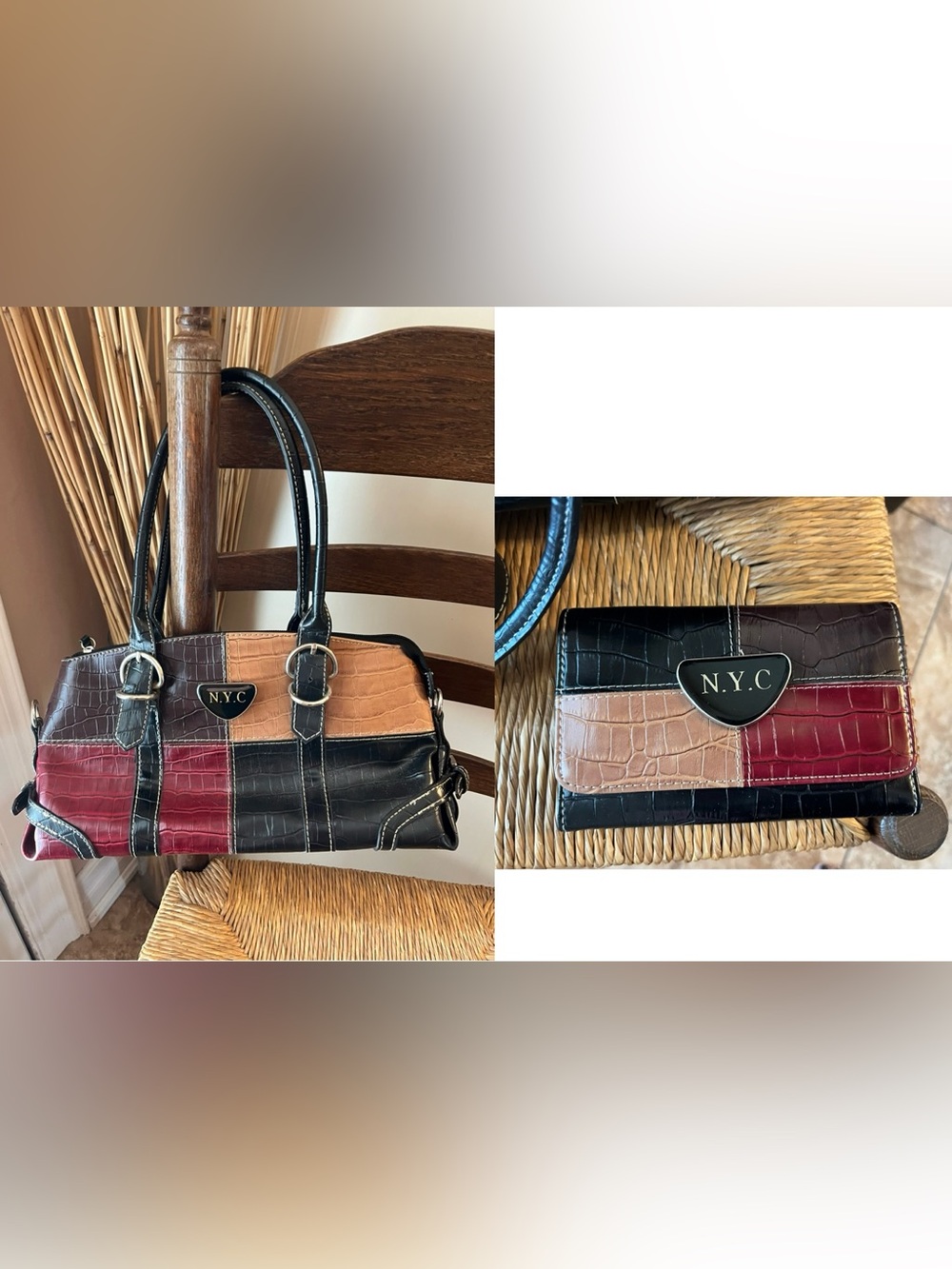 VTG N.Y.C. Colorblock Patchwork shoulder Purse & Wallet Set - Y2K EUC